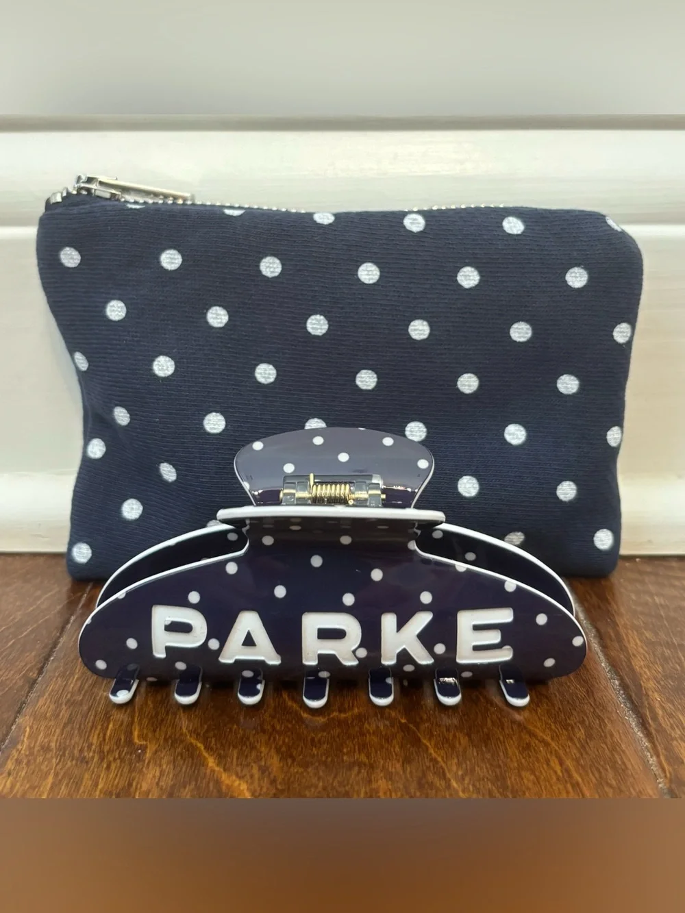 New Parke Claw Clip In Denim + White Polka Dot